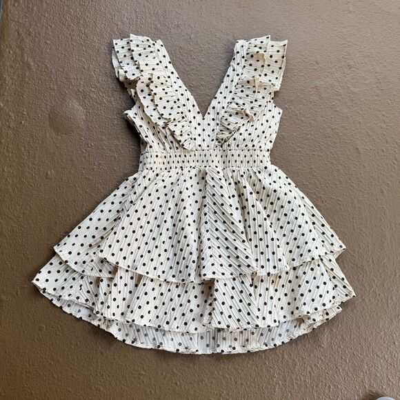 NEW LINE & DOT Kimmi Mini Dress Sz S Ivory Brown Dots Boho Ruffle Romantic - Picture 2 of 16